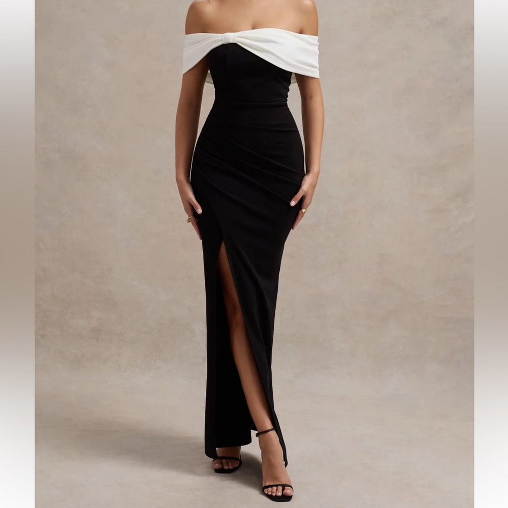Club L London Off-Shoulder Black and White Maxi Dress